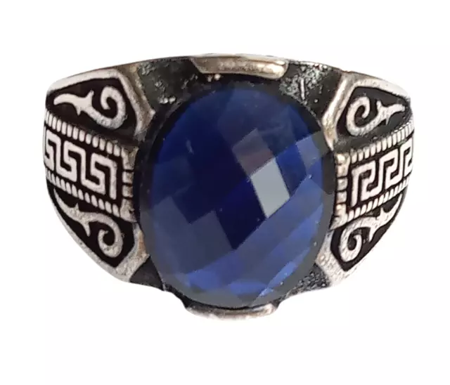 Turkish Ottoman Style 925 Sterling Silver Men's Sapphire Stone Ring Size 8.75