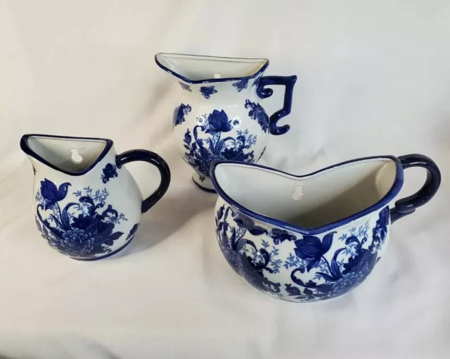 Set of 3 Flow Blue & White Wall Pockets Vases Floral Cracker Barrel EUC