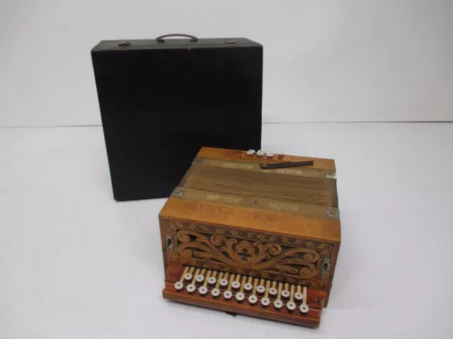 Antique Vtg Koch German Button Accordion A&D Stahltone Wooden As Is W/ Case