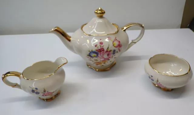 Royal Winton Grim Wades Tea Pot & Cream & Sugar Gold Trim Made In England