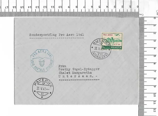 PRO AERO 28.v.41 Helvetia R-Zettel Buochs Payerne Volo Postale Speciale ; 61662