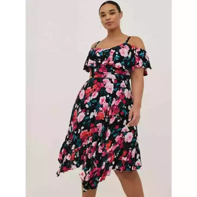 Torrid Hanky Hem Ruffle Skater Midi Dress - Gauze Floral Black Women's 1