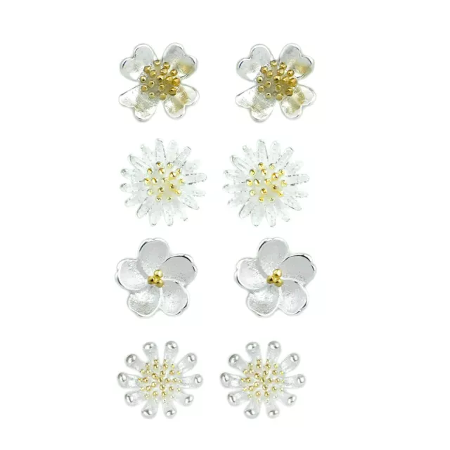 Argento Sterling 4 Paia Trifoglio Ciliegia Daisy Sole Fiore Orecchini a Lobo Set