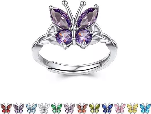 Butterfly Ring, 925 Sterling Silver Natural Amethyst Butterfly Ring for Womens