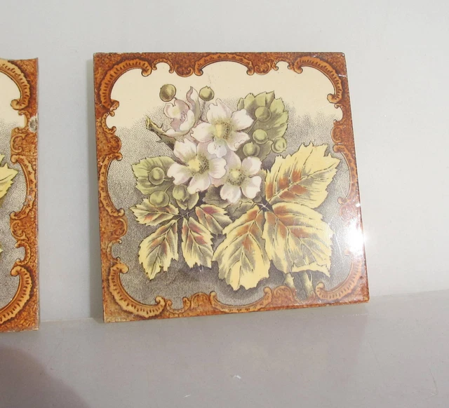 Antique Ceramic Tile Vintage Floral Art Nouveau Flowers Old Leaf 3