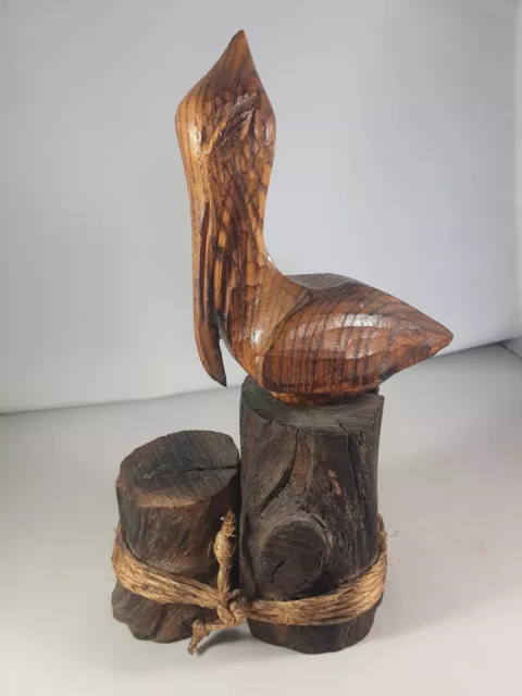 Carved Wooden Pelican Figurine on Wood Tree Stumps 8 x 5 x 3"