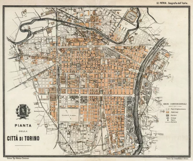 Pianta di Torino. Grande carta topografica, geografica. Stampa antica del 1891