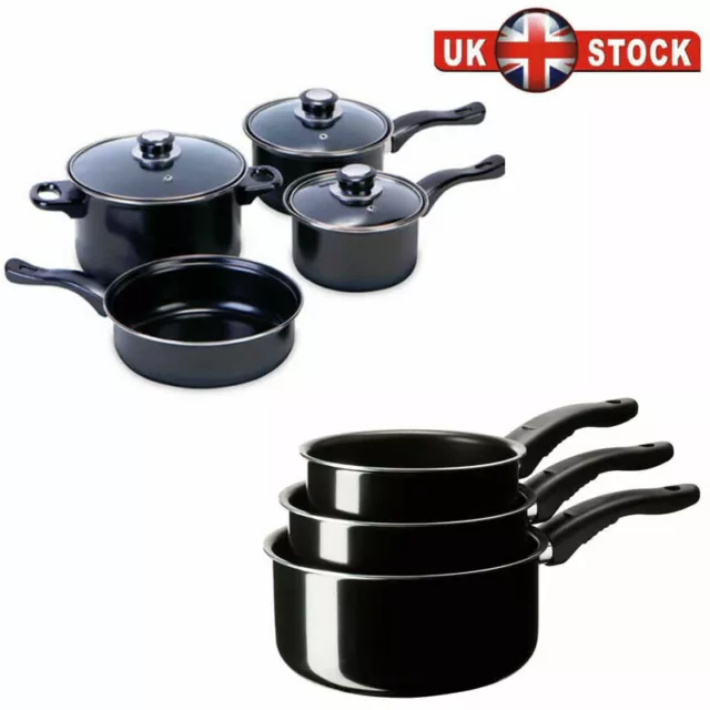 3/7 Piece Cookware Set Pan Pot Carbon Steel Non Stick Saucepan Glass Lid Kitchen