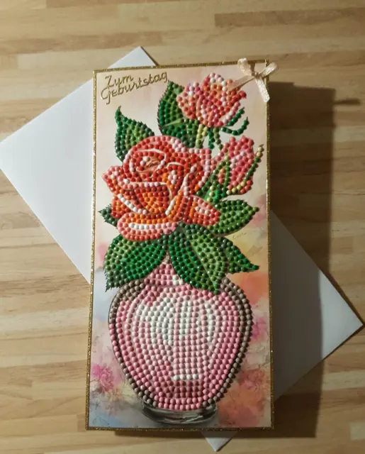 Geburtstagskarte Rote Rosen in Vase  Diamond-Painting  Echte Handarbeit
