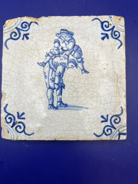 17th Century Antique Dutch Delft Blue/White Tile With Children Leapfrogging