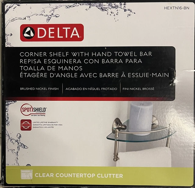 Delta HEXTN16-BN 8" Glass Bath Corner Shelf with Hand Towel Bar Brushed Nickel