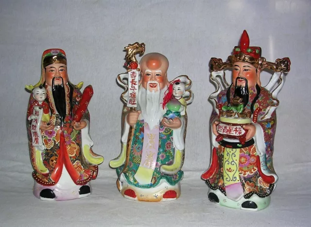 Set of 3 Vintage Porcelain Chinese Hand Painted Deity Statues Figures