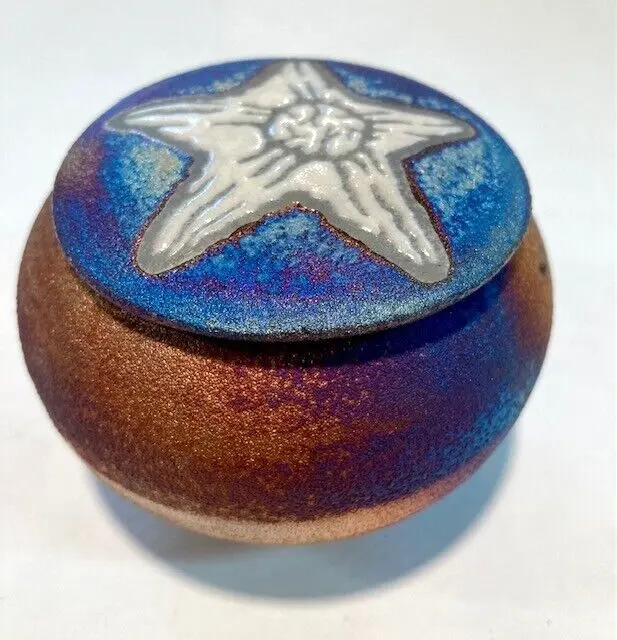 RAKU Art Pottery Dream Catcher Jar  Starfish Lid - Signed 3 1/4" Jeremy Diller