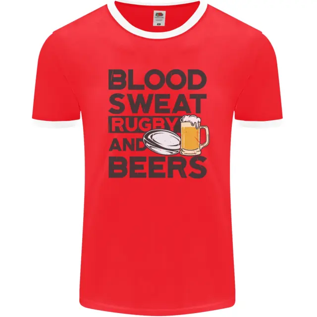 Maglietta Blood Sweat Rugby e Birre Divertente Uomo Ringer FotoL