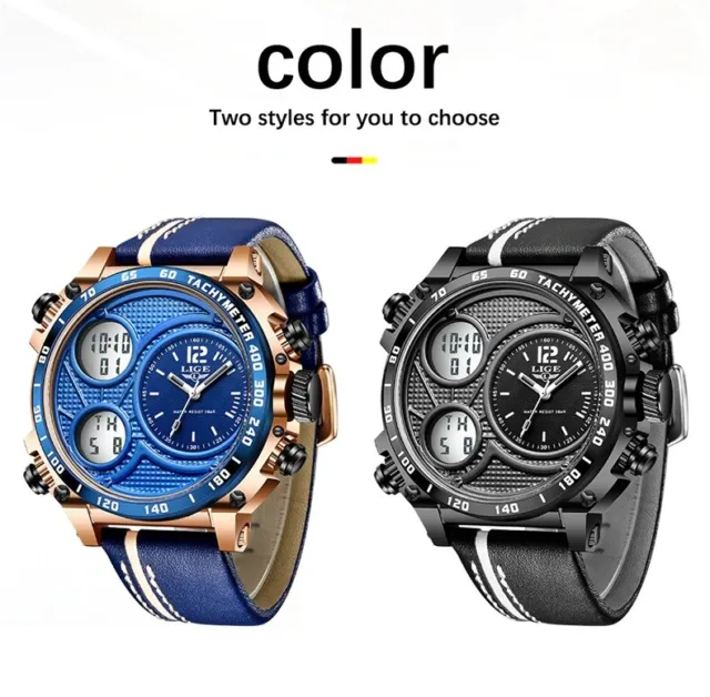 LIGE  Luxury Brand Men Leather Sports Watch, Quartz LED Digital Clock Waterproof 3