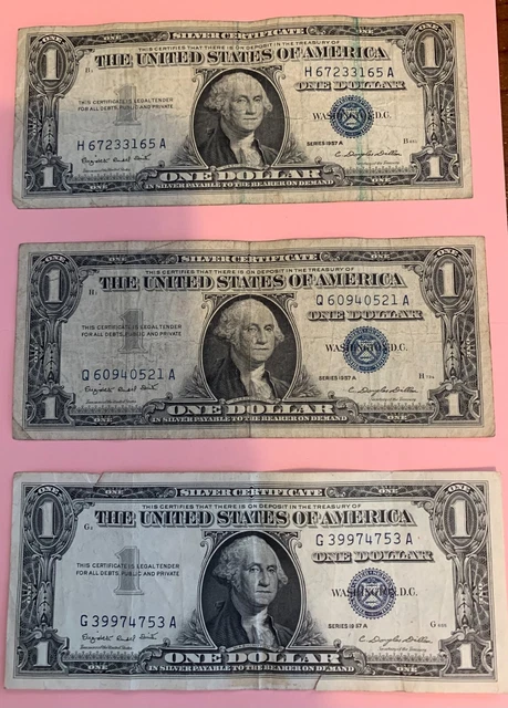 1957-A Silver Certificate Blue Seal $1 Banknotes. (Lot of 3) One Dollar Bill