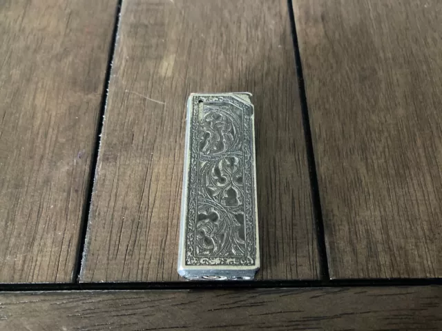 Vintage Colibri Etched Butane Lighter Japan Silver Tone Patina & It Sparks