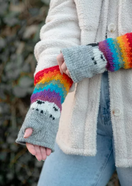 Womens Hand Knitted Fingerless Mittens with Sheep Design Rainbow Grey Ladies