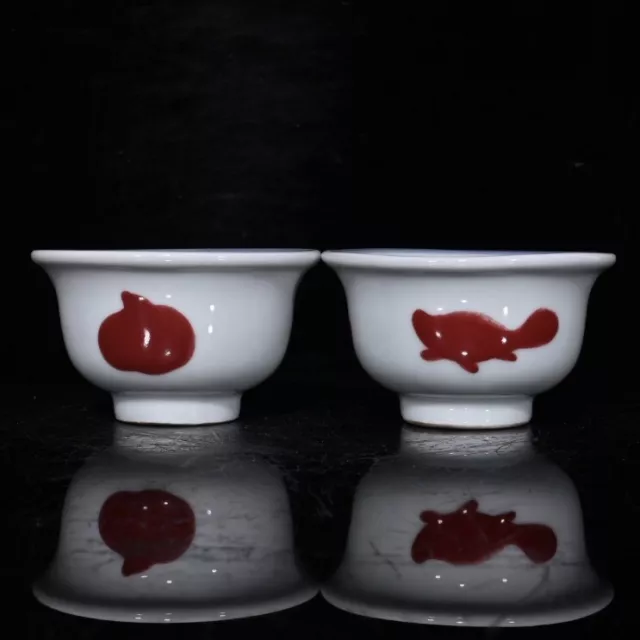 3.7" pair Old China ming dynasty yongle mark Porcelain Blue white Lion fruit Cup