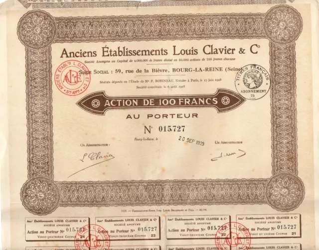 Action Anciens Etablissements LOUIS CLAVIER & C° de 100 Francs avec ses coupons