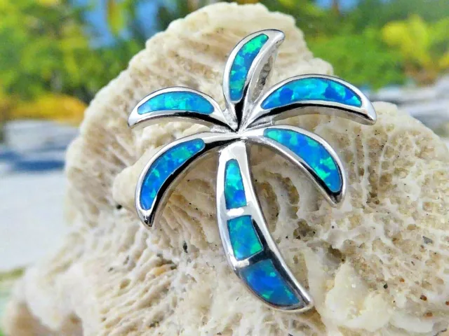 Real Sterling Silver Blue Fire Opal Palm Tree Slide Pendant With Opal Trunk