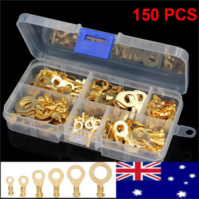 150X Insulated Crimp Copper Ring Terminals Wire Connectors Spade Electrical Kit