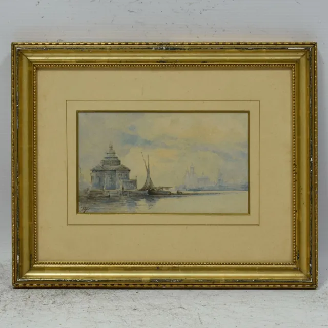 Del 19 secolo Antico dipinto Acquerello Paesaggio di Venezia 35x28 cm