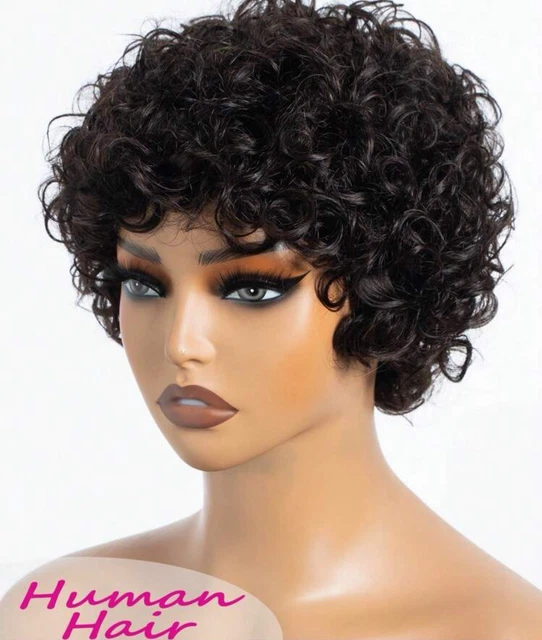Perruque Courte Style Pixie En Cheveux Humains Naturels Noirs - Taille Moyenne, Avec 4 Bonnets Et Attaches - Neuve Sans étiquette