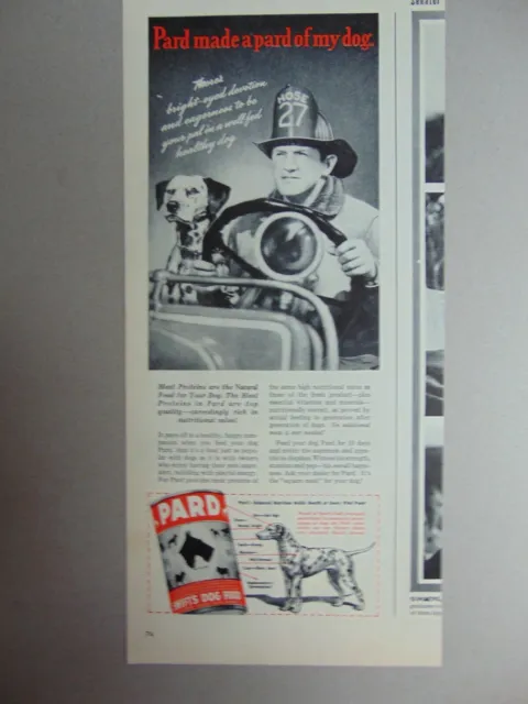 1946 Fireman and Fire Dog PARD DOG FOOD print ad