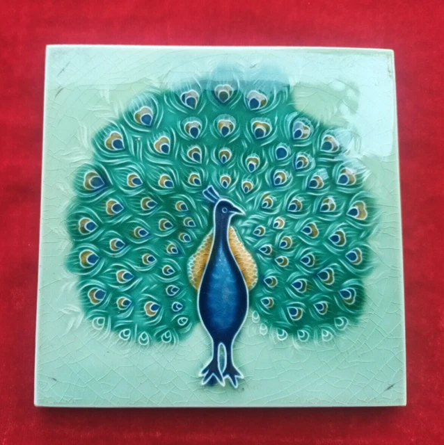 1 Piece Peacock Old Art Deco Embossed Design Majolica Ceramic Tiles Japan 0316