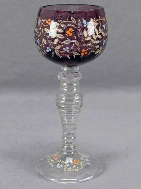 Bohemian Moser Type Enamel Floral & Gold Amethyst Hock Wine Roemer C.1880-1900