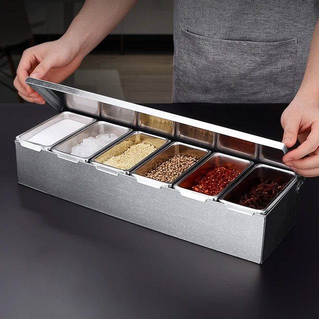 Edelstahl-Zutatenbehälter Mit 6 Gittern – Gewürzbox 45x15x9 Cm, Für Gastronomie, 304er Qualität