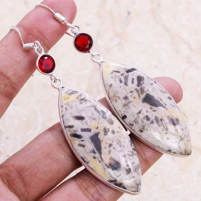 Delicate Picasso Jasper 925 Silver Plated Handmade Earrings of 2.7" Ethnic Gift
