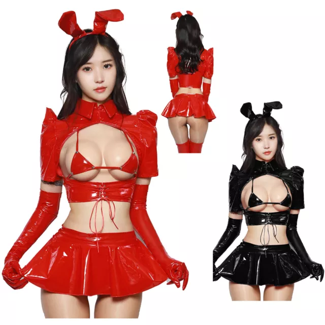 Women Sexy Lingerie Bunny Cosplay Costumes PVC Leather Bra with Miniskirt Rabbit