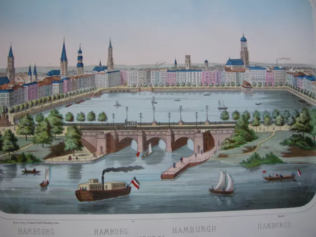 Hamburg Jungfernstieg Lombardsbrücke Binnenalster kolor. Federlithografie 1889 2