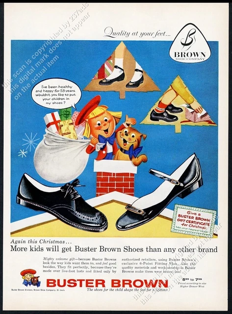 1957 Buster Brown shoes Tige pit bull Christmas art vintage print ad