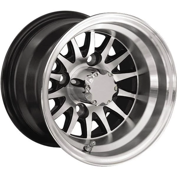 Machined w/Black 10x7, 4/4, 3+4 Ocelot E101 Golf Cart Wheel - E-101 10-X7 MACH