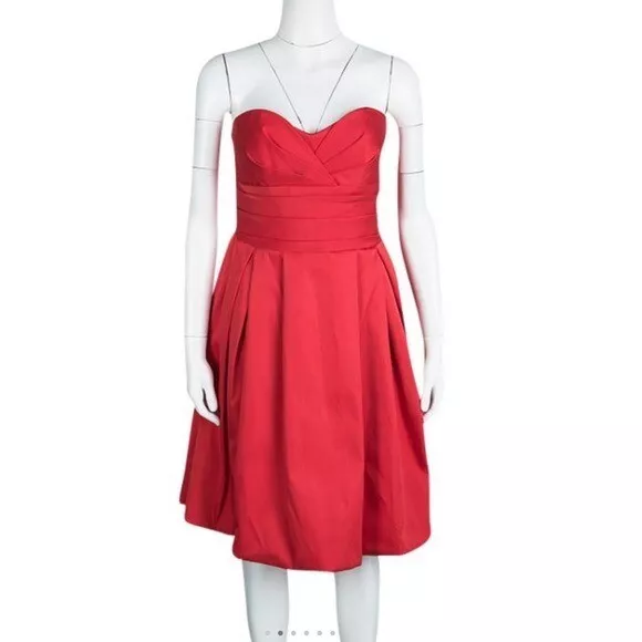 Armani Collezioni Red Pleated Satin Strapless Bustier fit & flare Dress size 2 2