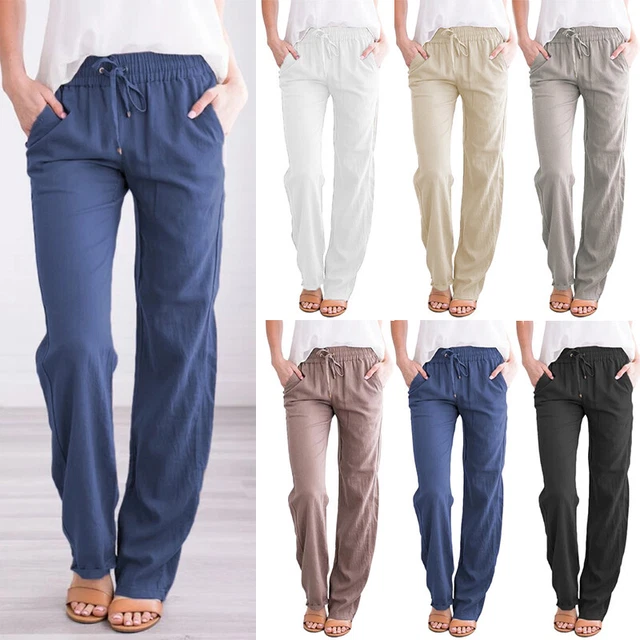 Femme Solide Coton Pantalon Lin Pantalon Femmes Taille Élastique Poche Botto 》