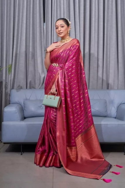 Stunning Golden Heavy Zari Woven Pink Soft Silk Sari For Women Wedding Wear