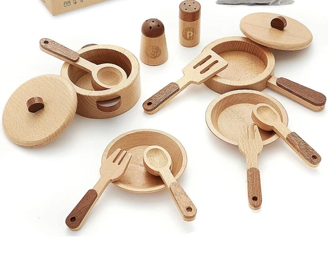 Play Kitchen Accessories, Wooden Kitchen Sets for Kids, Toy Pots and Pans for Ki