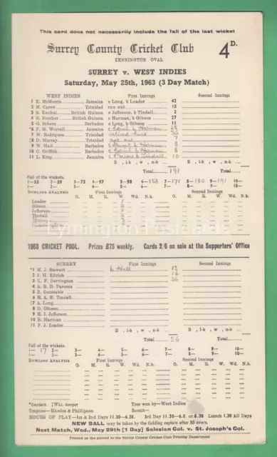 🌞CRICKET SCORECARD: SURREY v WEST INDIES, KENNINGTON OVAL: MAY 1963