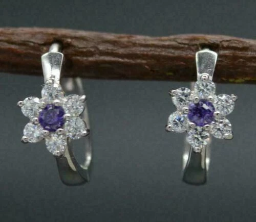 1.50Ct Simulated Amethyst Diamond Hoop Earrings 14k White Gold Plated Silver