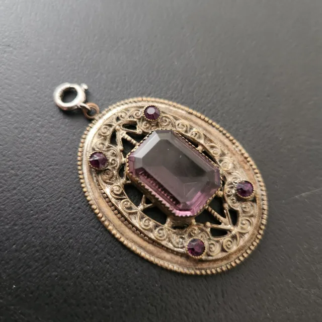 Antique Victorian Art Nouveau Necklace Pendant Purple Glass Rhinestone 265
