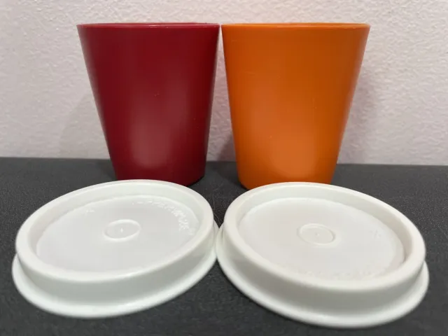 2 Contenedores de aderezo Tupperware MIDGET COSECHA naranja rojo 101 201 con tapas blancas