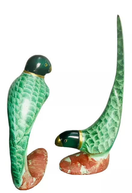 2 Vintage Rare Green Enameled Copper Birds Parrots Sculpture Figurine Brass