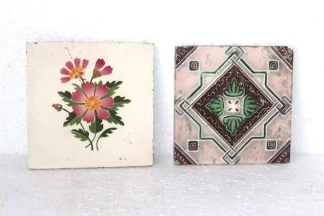 2 Pc Ceramic Tiles Old Vintage Antique Rare Home Garden Decor Collectible PG-61