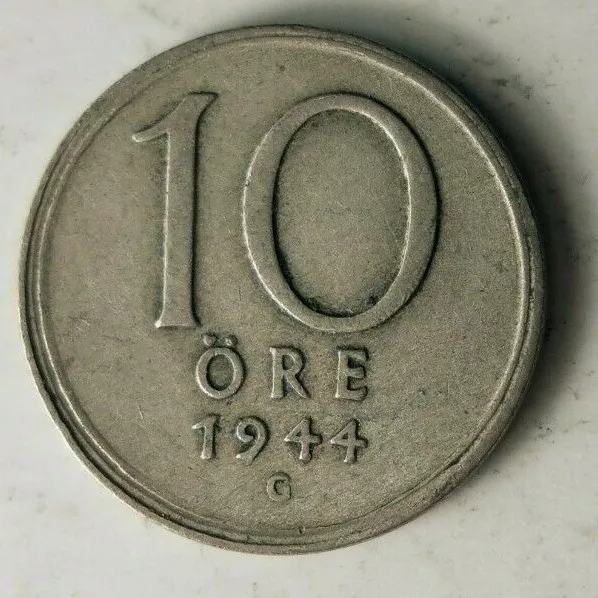 1944 Suède 10 Ore - Grand de Collection Suède Argent Poubelle A