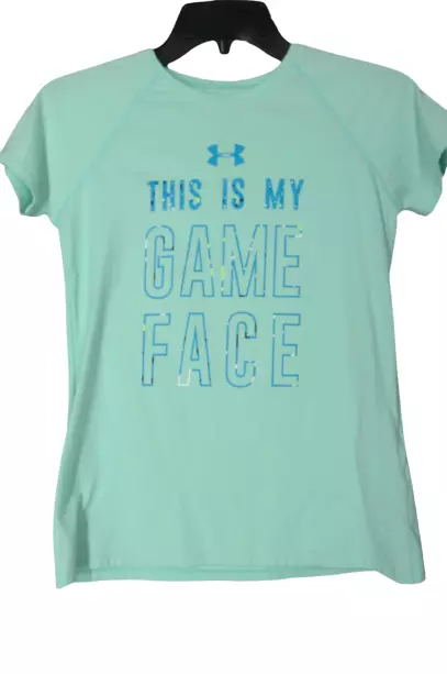 Under Armour Heatgear Loose Shirt Girl M/S Blue Green This is my Game Face