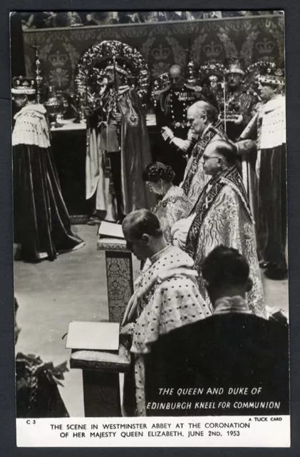 Tuck QUEEN ELIZABETH II Coronation RPPC Kneeling for Communion Westminster Abbey